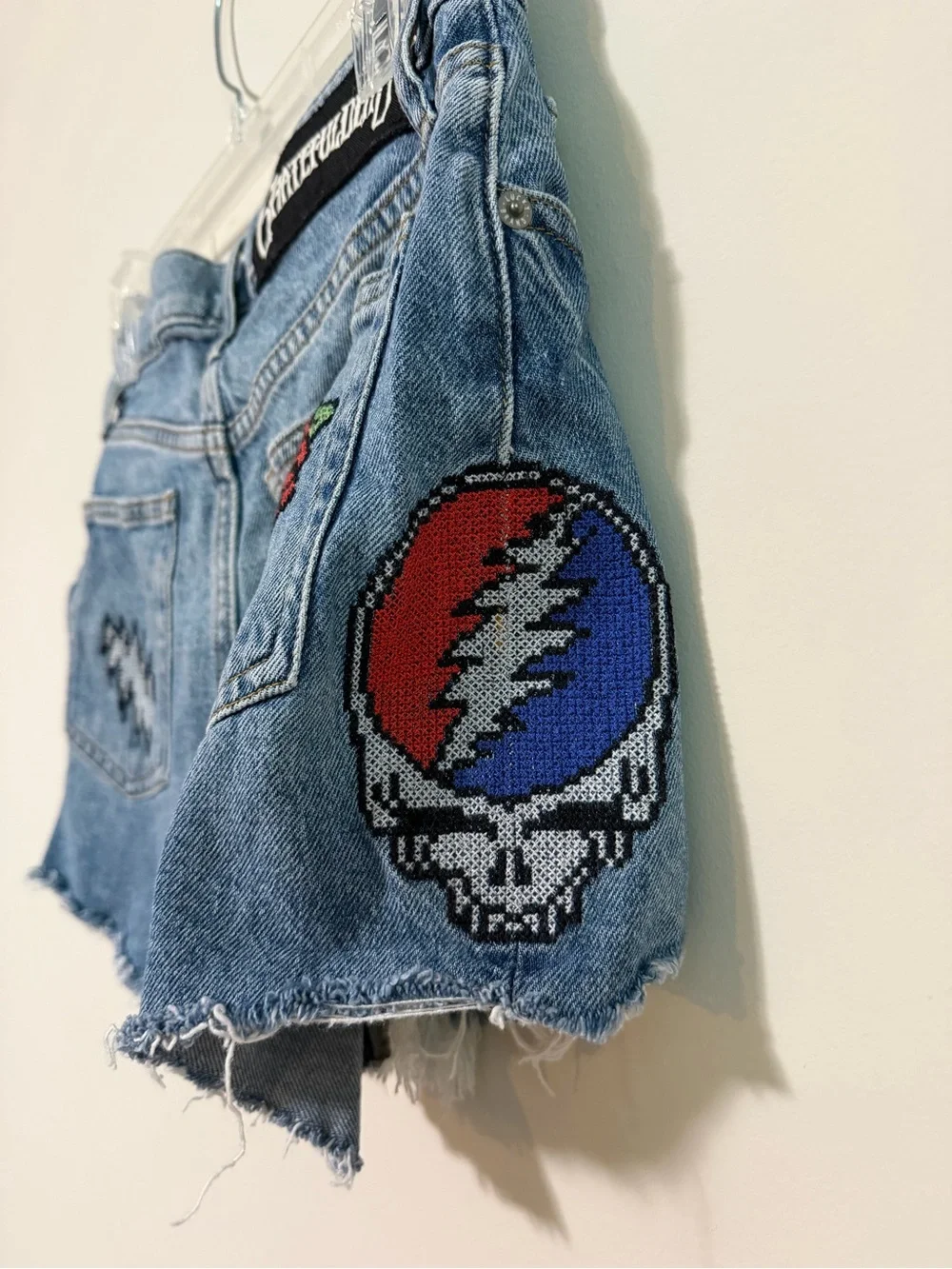 Lucky Brand Blue Denim Cutoff Shorts with Embroidered Grateful Dead Patches